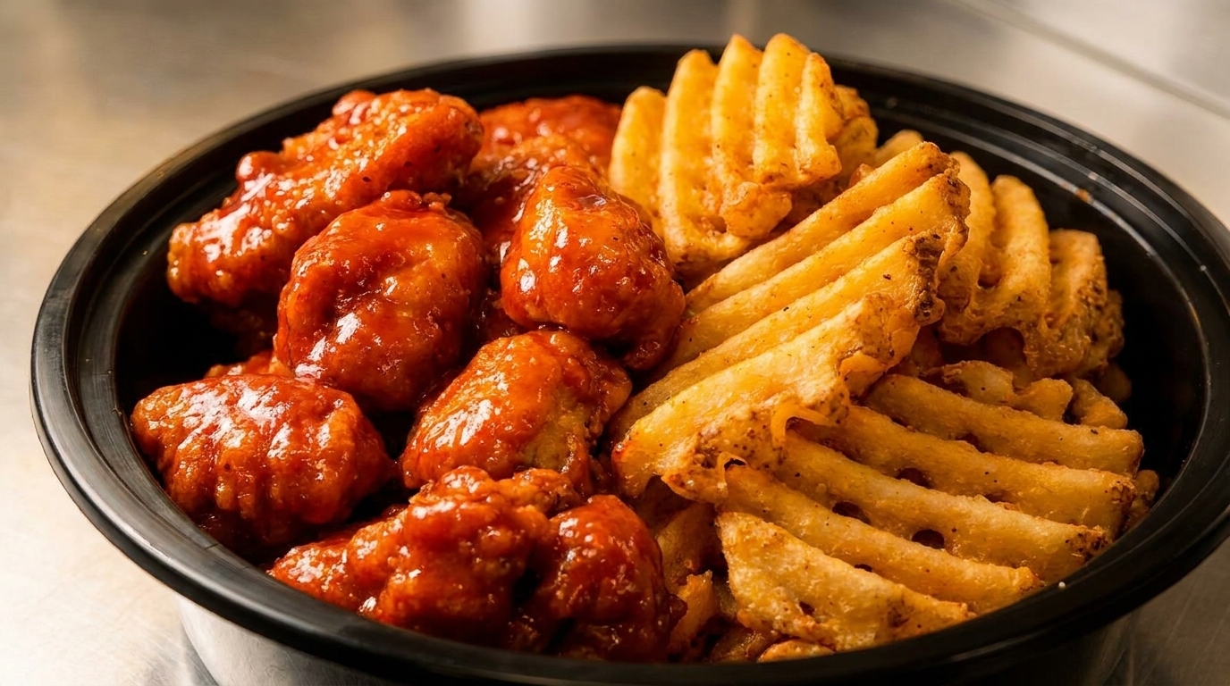 A black bowl filled with saucy boneless wings and crispy waffle fries.