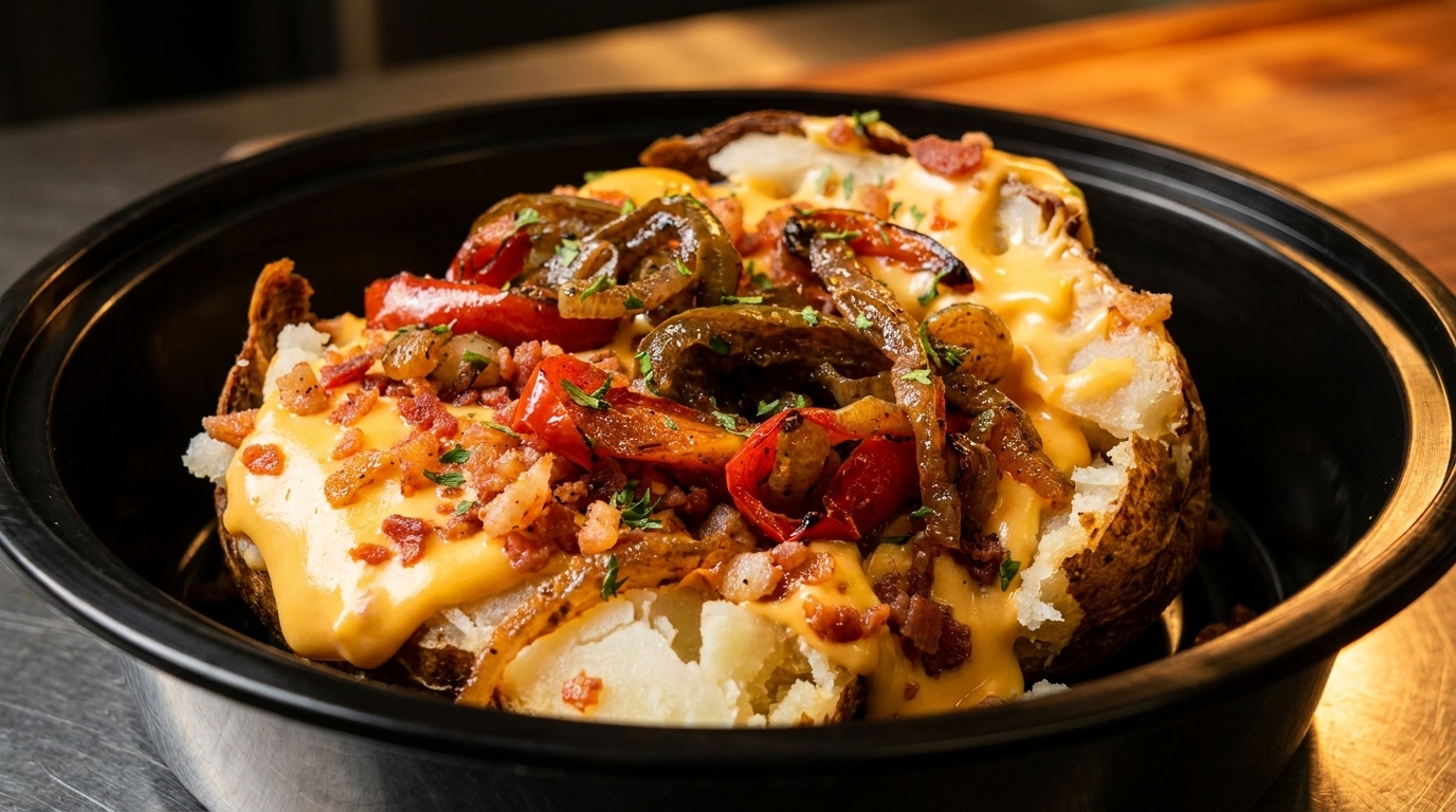 Loaded baked potato with melted cheese, bacon bits, and sautéed peppers in a black bowl.