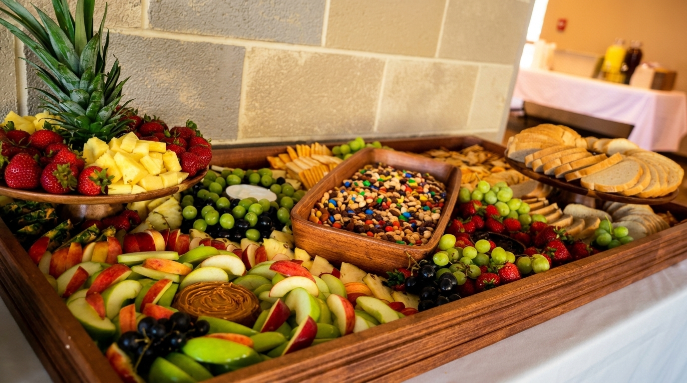 A large wooden tray filled with fresh fruit, crackers, bread, and a bowl of trail mix.