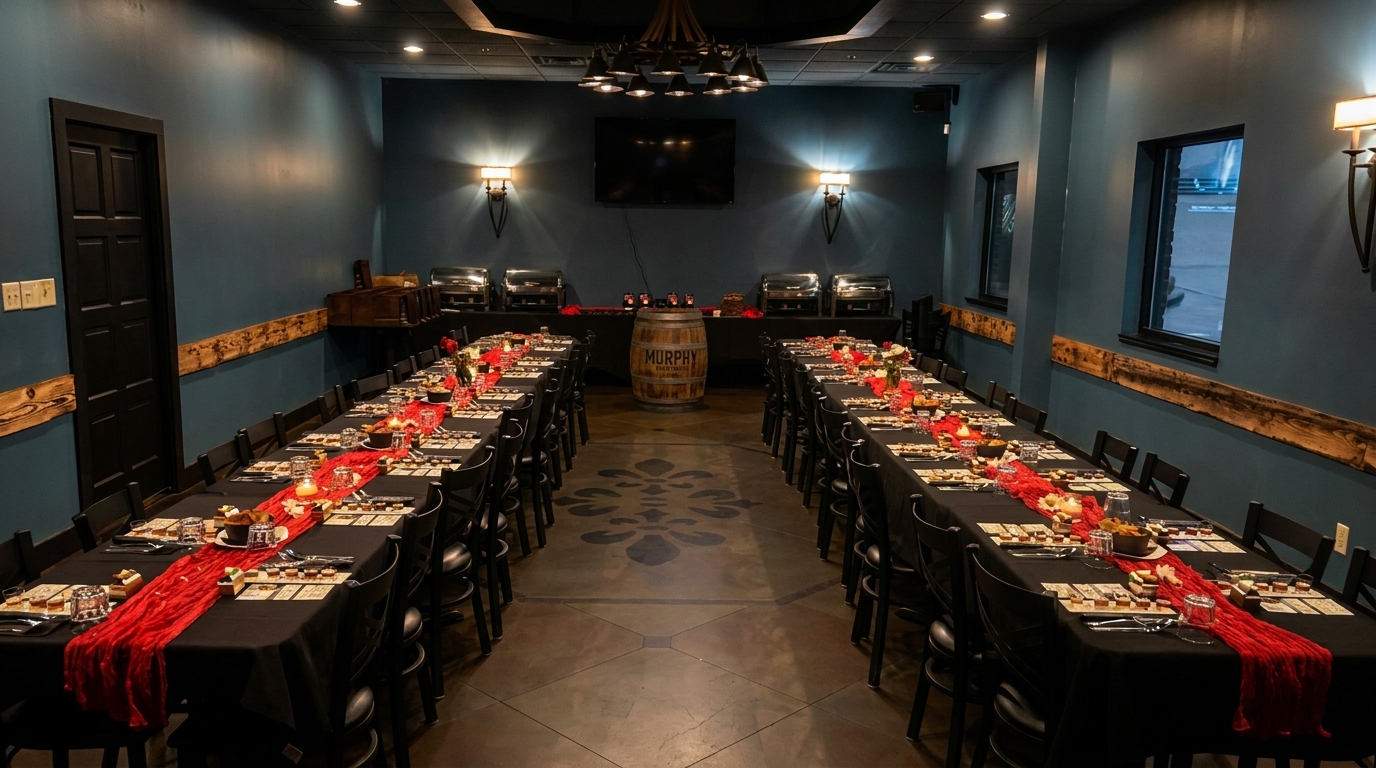 A private dining room with two long tables set with red runners, food, and candles.