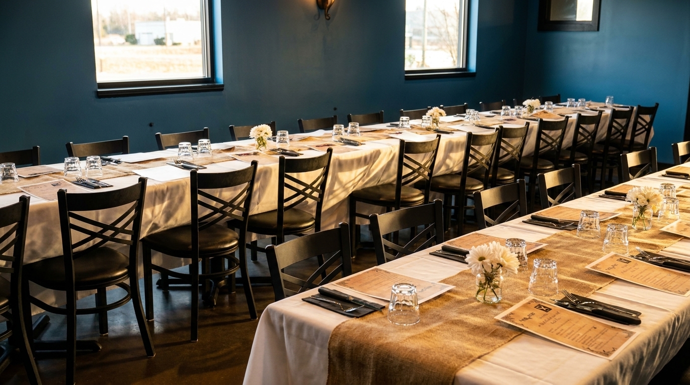 Long dining tables set with white tablecloths, burlap runners, place settings, and small white flower arrangements.