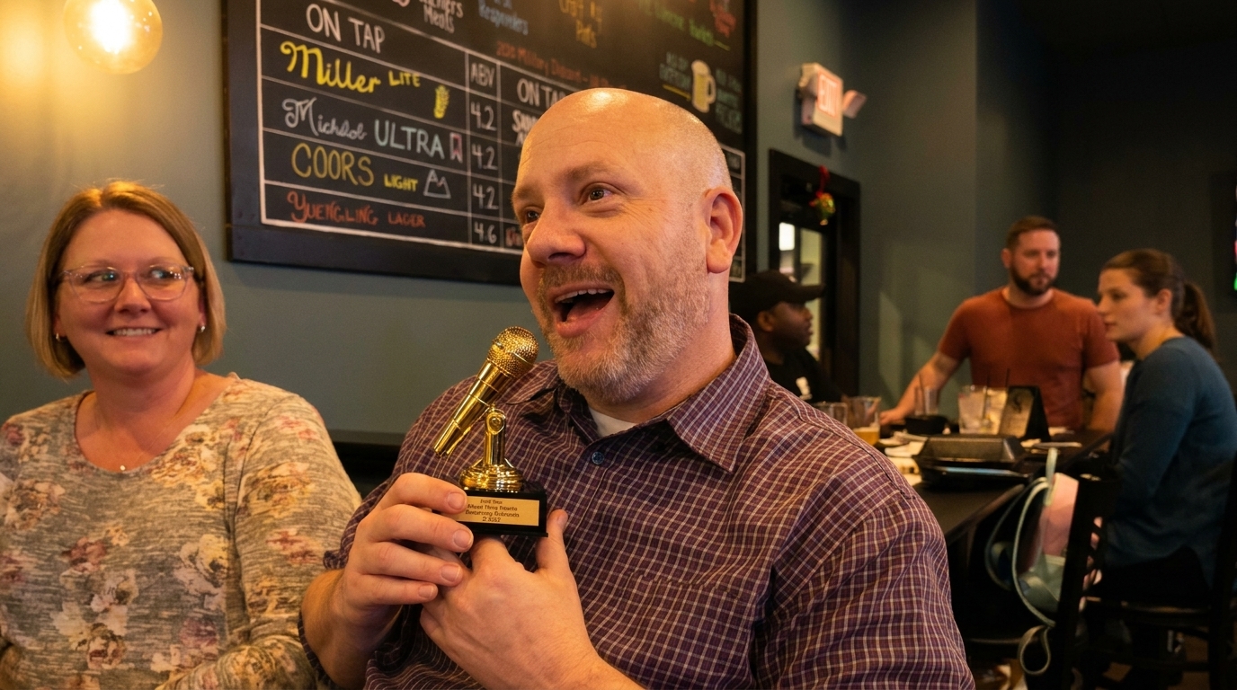 Man holding a golden microphone trophy, smiling with a woman next to him in a restaurant.