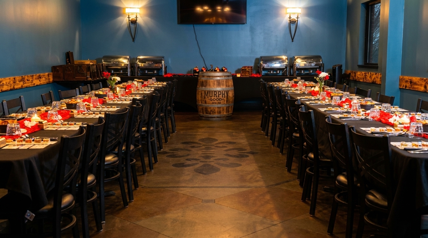 A long dining room with two tables set for a banquet, featuring a "Murphy Good" barrel.