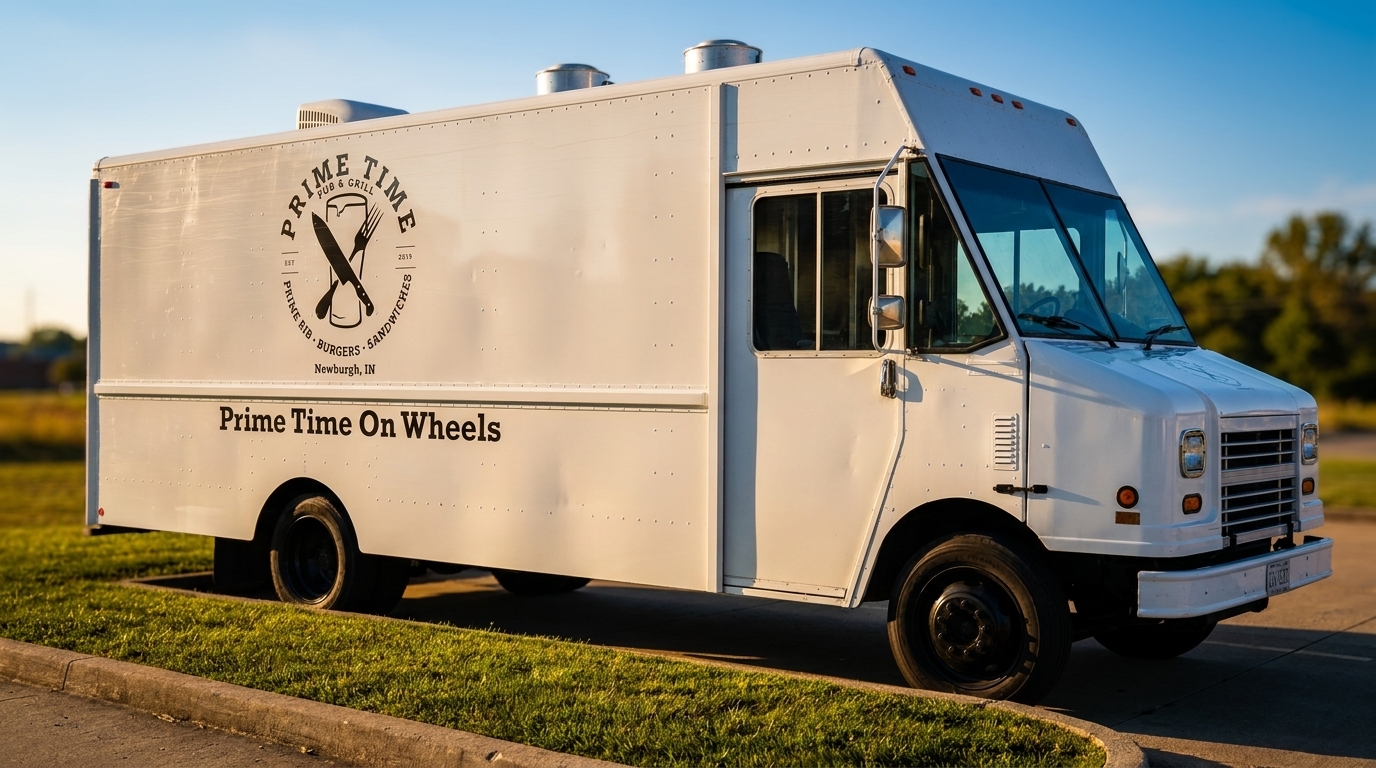 White Prime Time On Wheels food truck with the Prime Time Pub & Grill logo on its side.