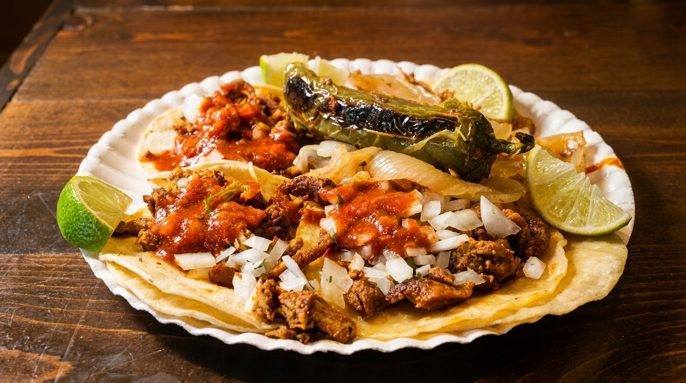 Three street tacos with meat, salsa, onions, a grilled pepper, and lime wedges on a paper plate.