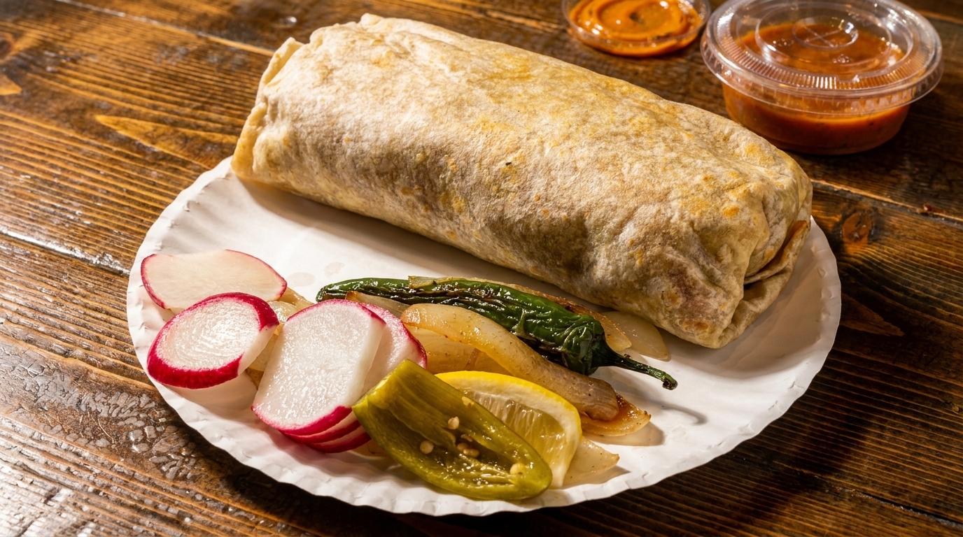 Large burrito on a white plate with radishes, grilled peppers, onions, and two salsa cups.