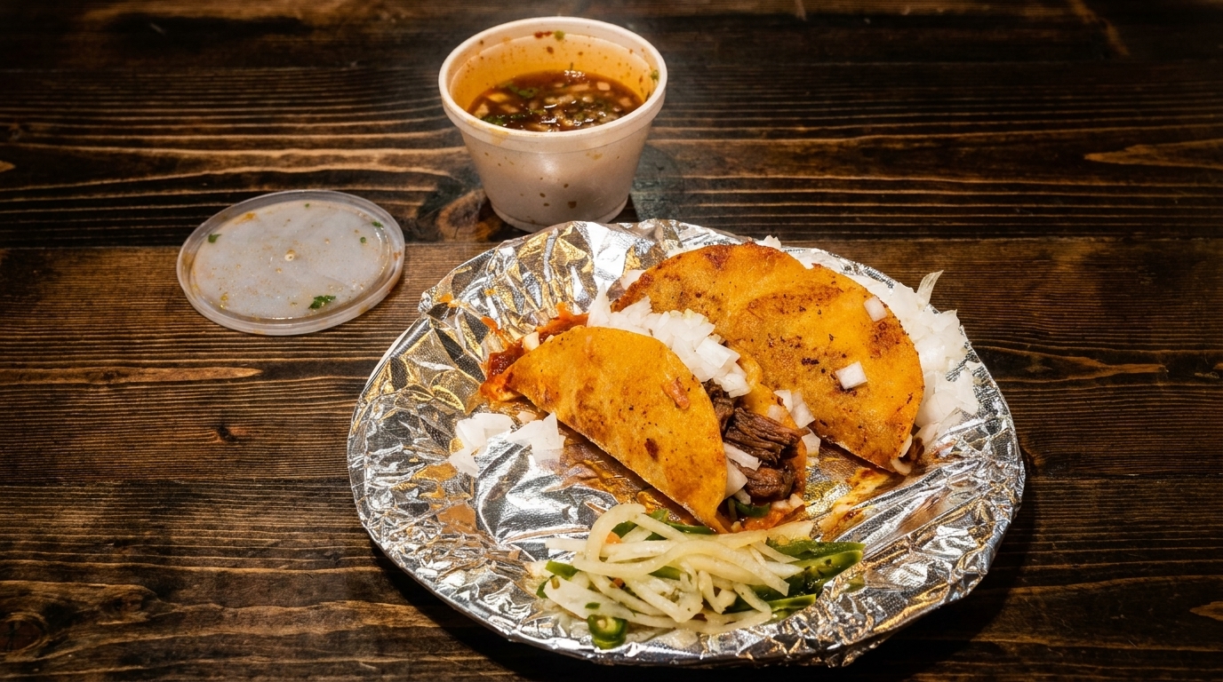 Two birria tacos with onions and pickled vegetables on foil, with a side of consommé.