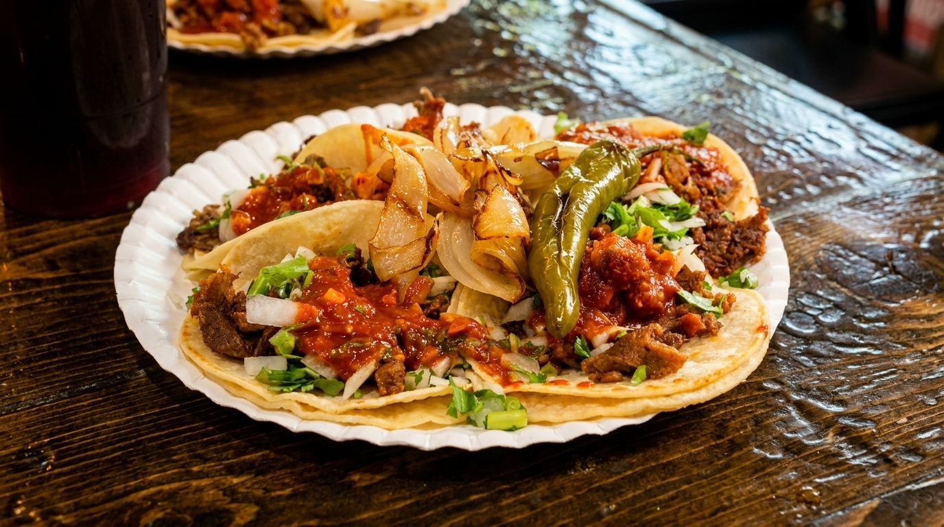 A plate of street tacos with meat, salsa, onions, and a green chili on a wooden table.