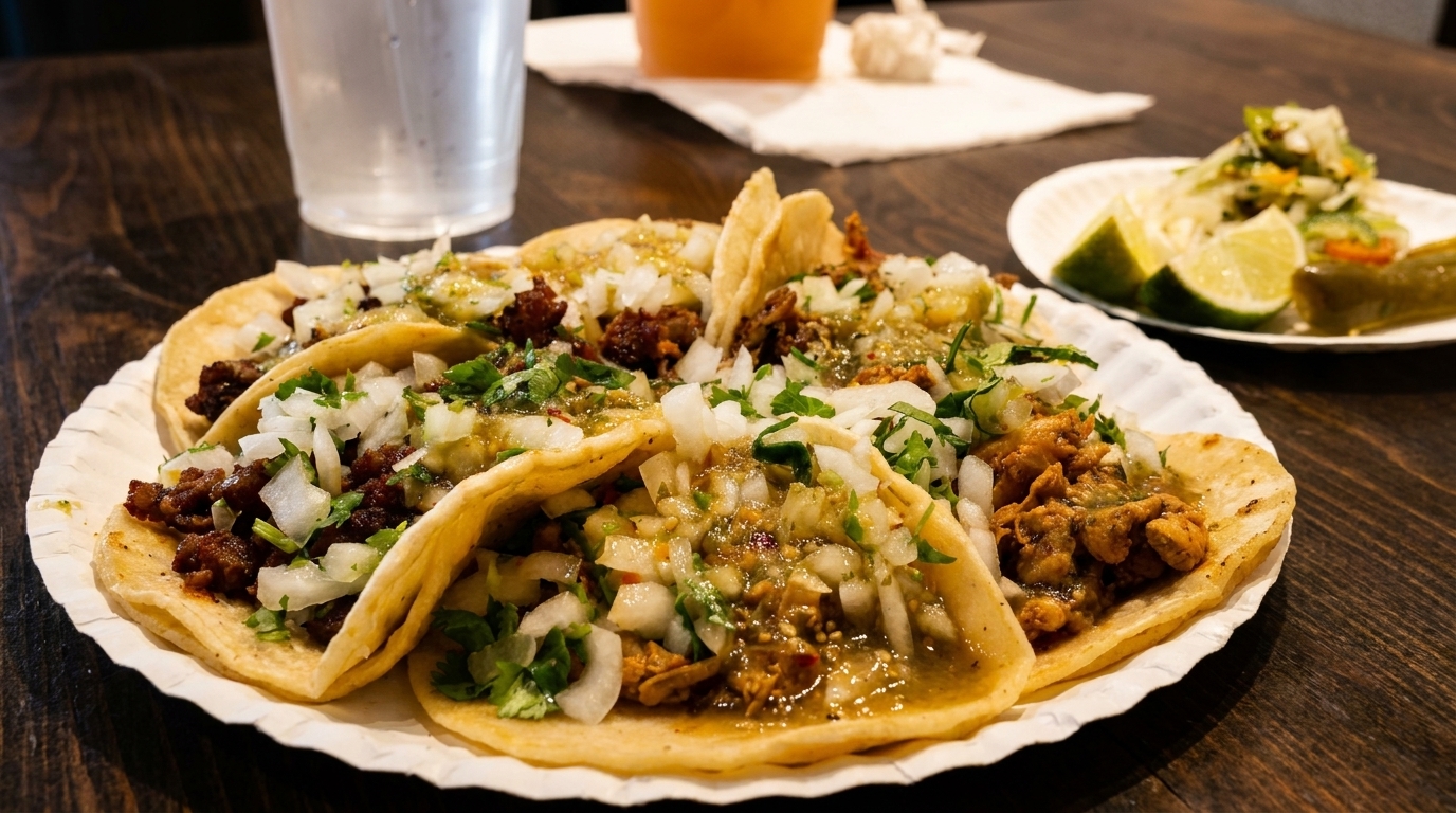 A plate of six street tacos with various meats, onions, cilantro, and green salsa.