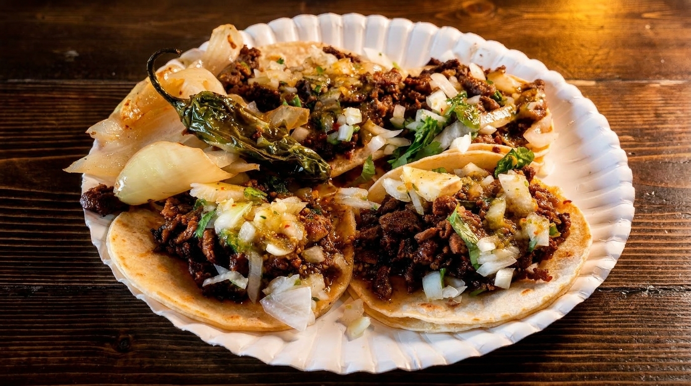 Three street tacos with meat, onions, cilantro, and salsa, served with grilled onions and a jalapeño.