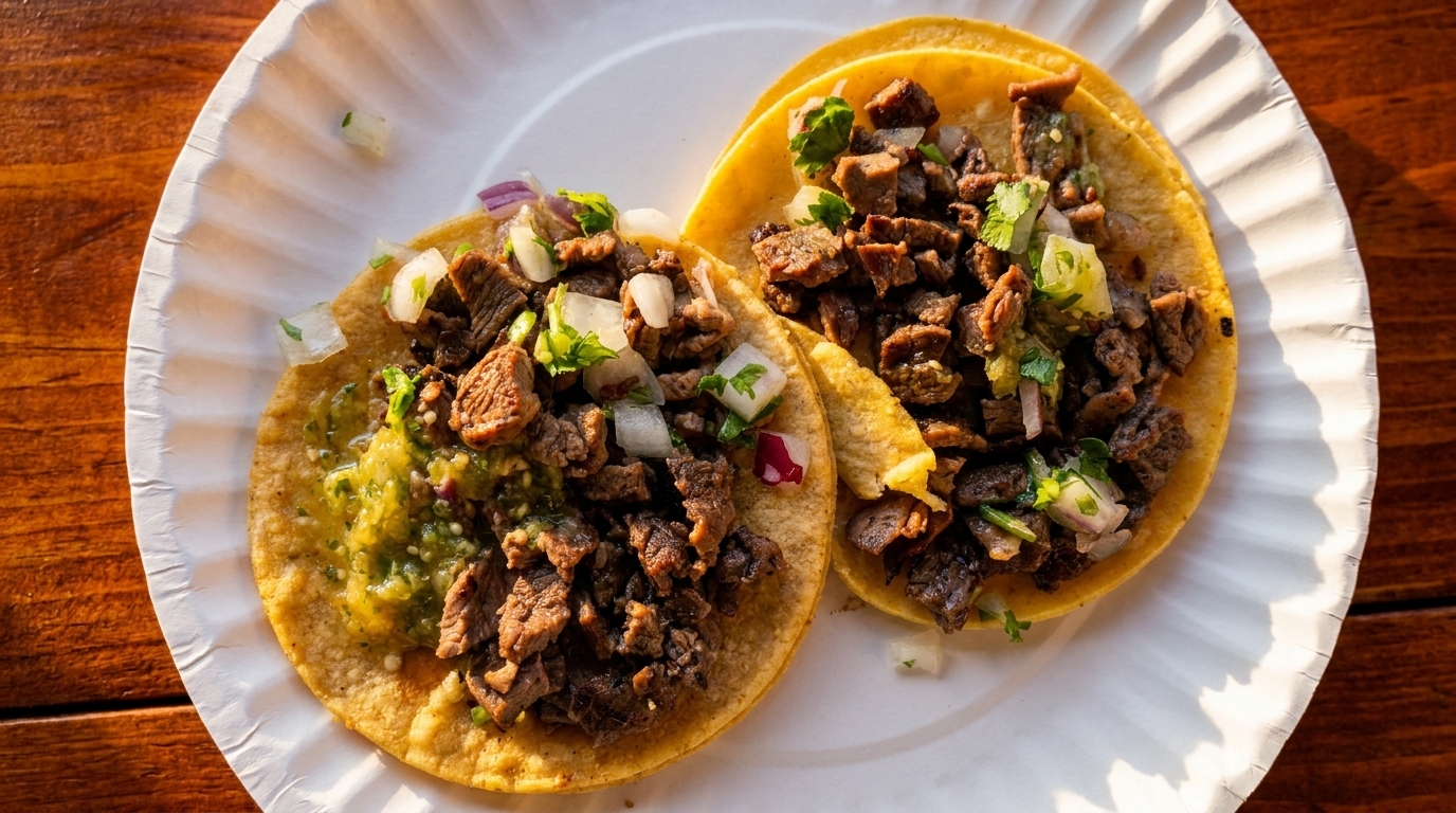Two carne asada street tacos with green salsa, onions, and cilantro on a white paper plate.