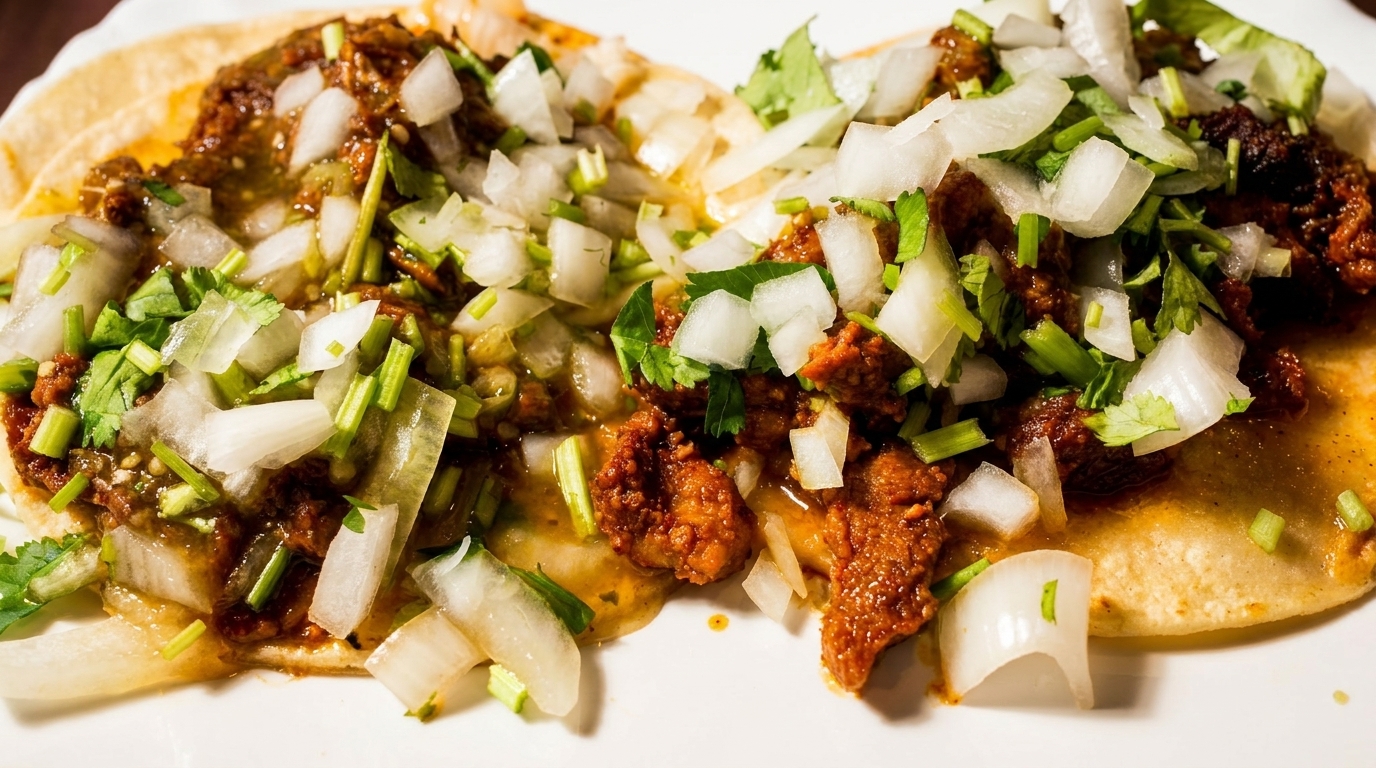 Two street tacos with seasoned meat, diced white onions, and cilantro on corn tortillas.