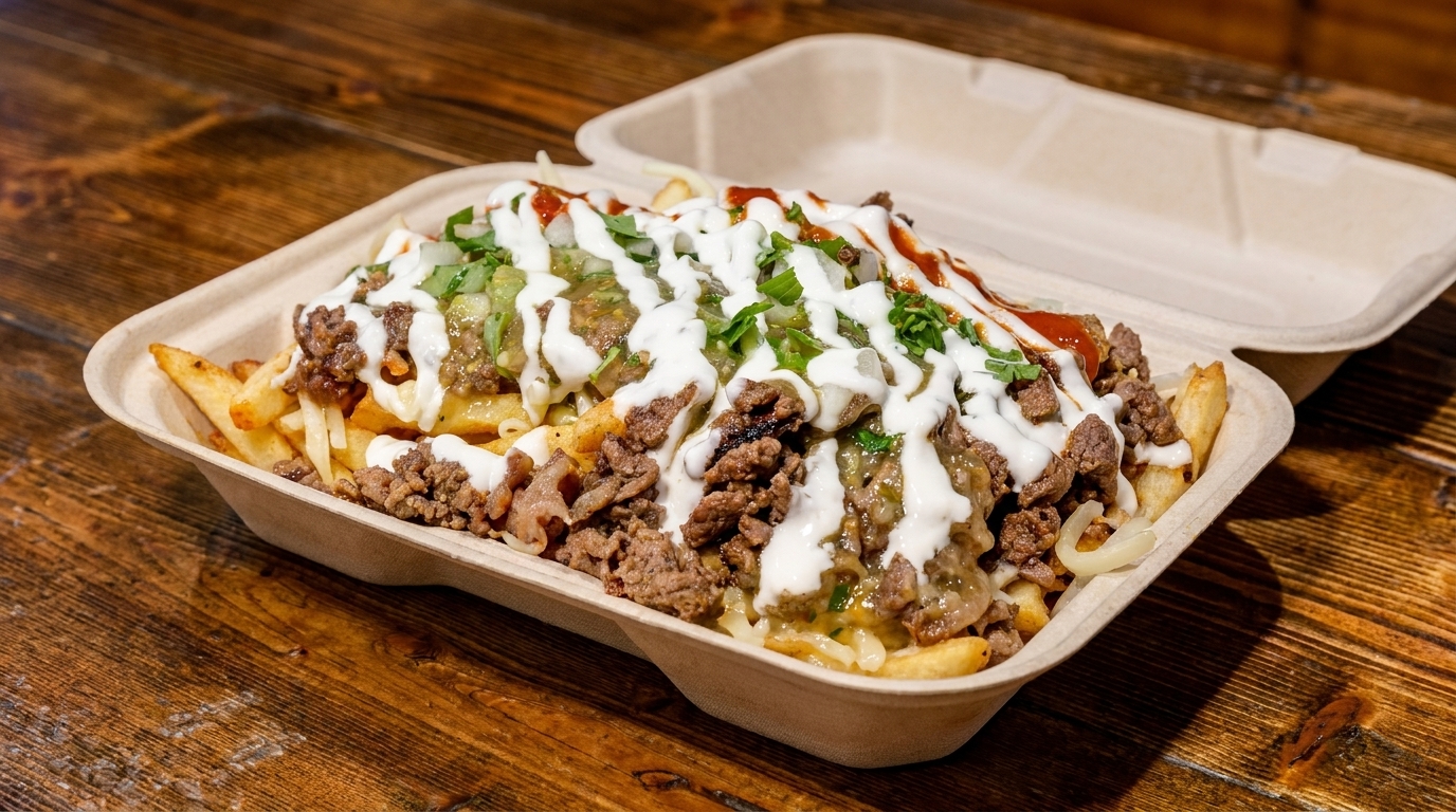Loaded fries with ground beef, white sauce, green salsa, and ketchup in a takeout container.