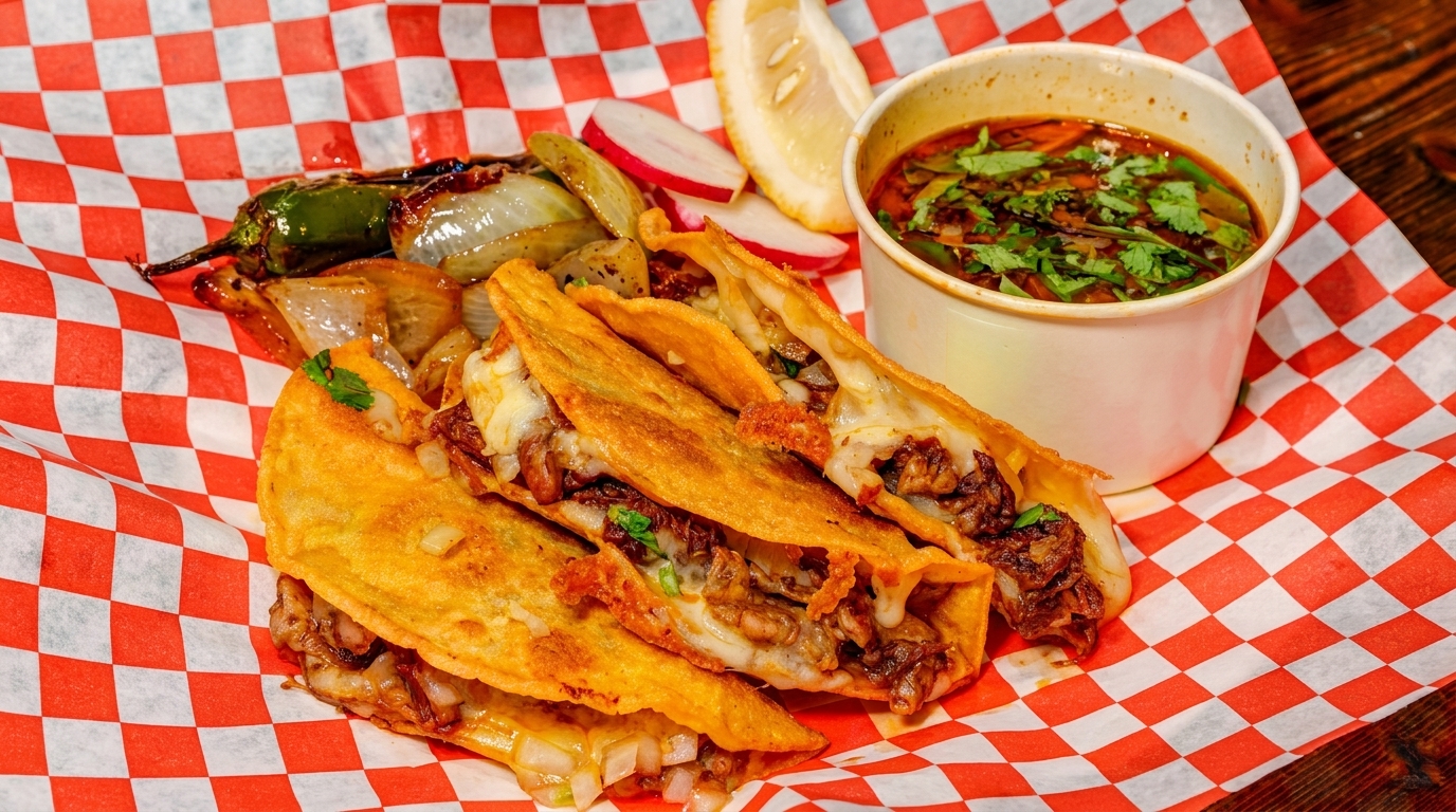 Birria tacos with melted cheese, a side of consommé, grilled onions, jalapeño, and radishes.