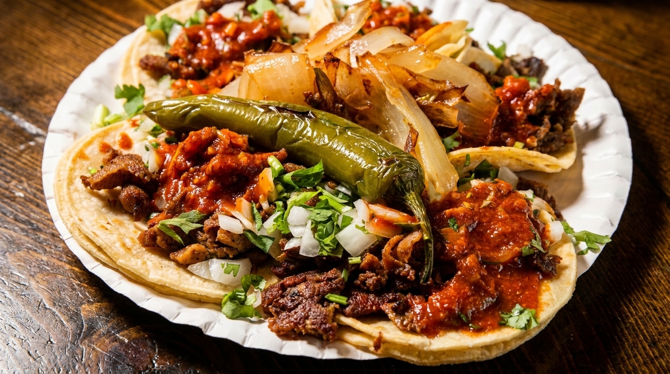Close-up of several street tacos with various meats, red sauce, onions, cilantro, and a green chili.