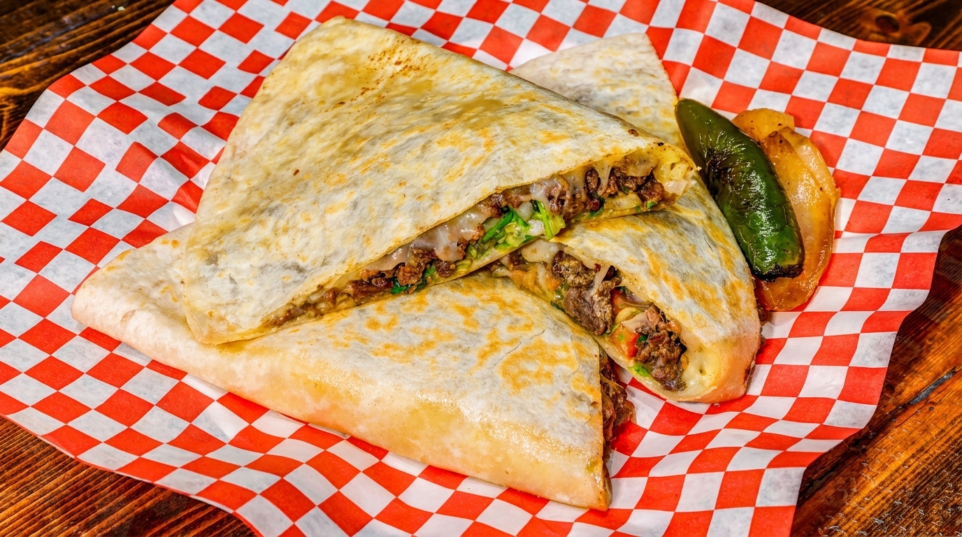 Three quesadillas filled with meat and cheese, served on red and white checkered paper with a grilled pepper.