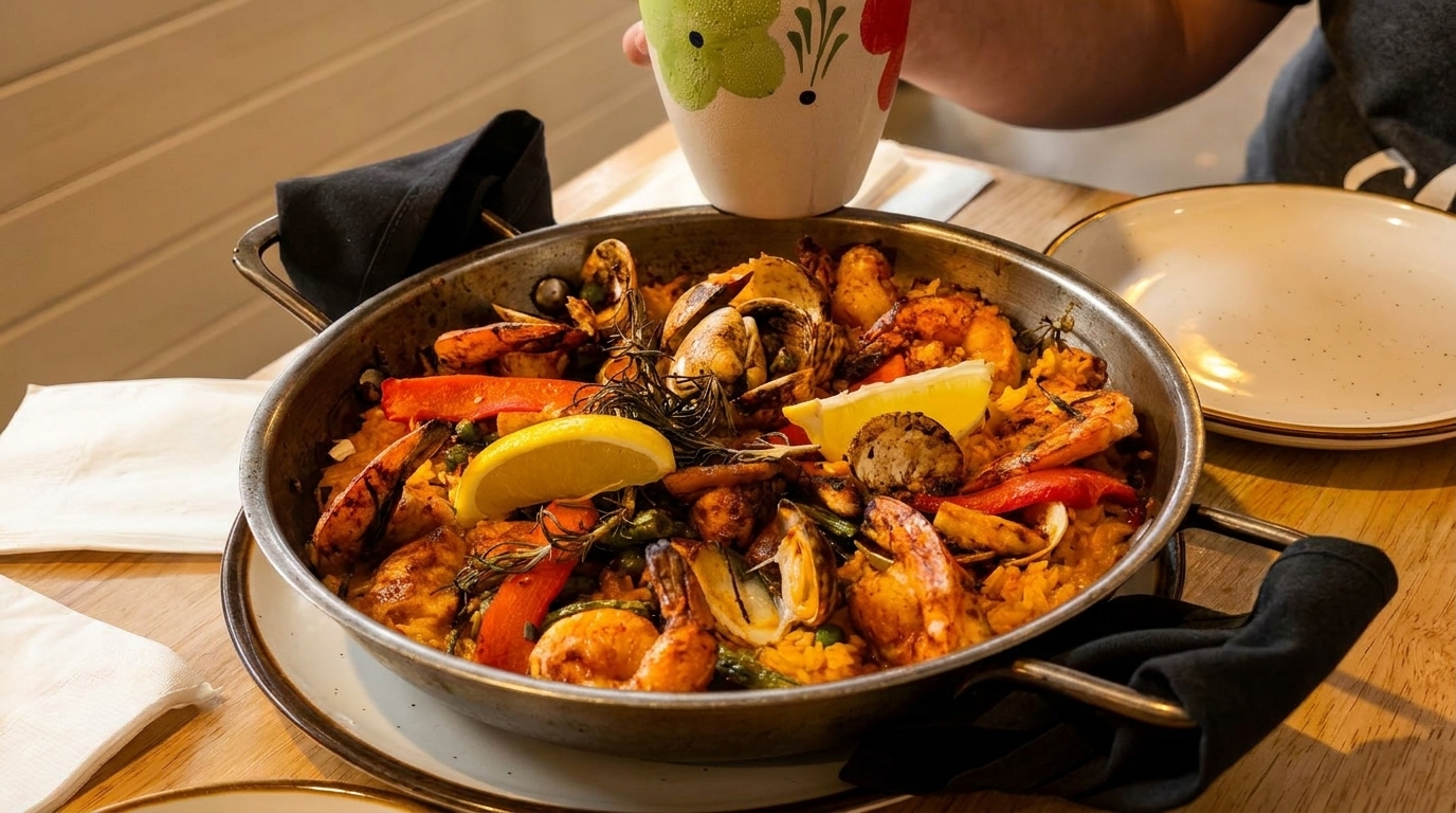 A large pan of seafood paella with shrimp, clams, and lemon wedges on a wooden table.