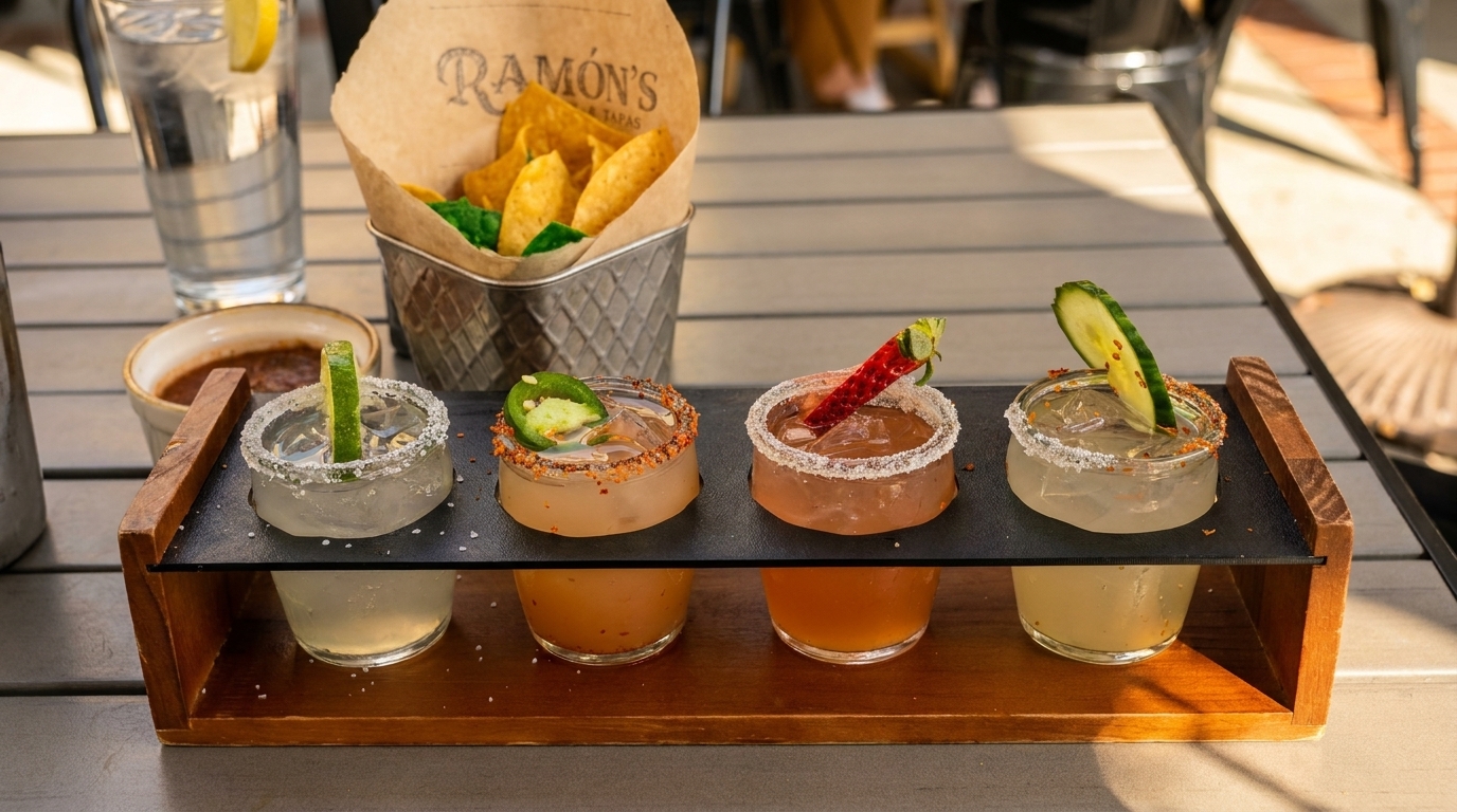 Four colorful margarita tasters with various garnishes, chips, and salsa on a wooden tray.