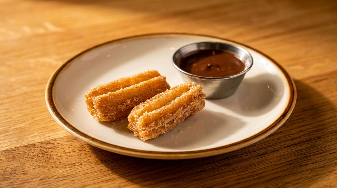 Two golden churros coated in sugar and a side of chocolate dipping sauce on a white plate.