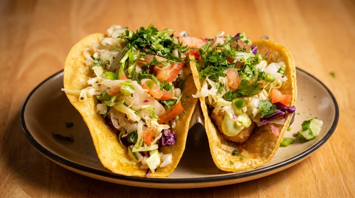 Two vibrant tacos filled with fresh cabbage, tomatoes, cilantro, and a creamy sauce on a plate.