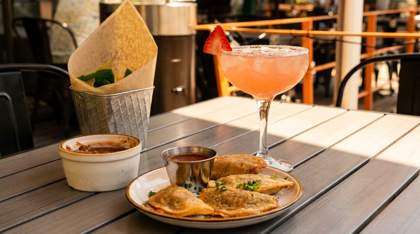 Empanadas, salsa, chips, and a pink strawberry margarita on an outdoor patio table.