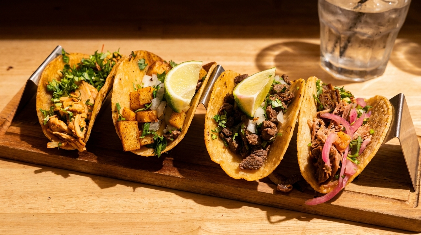 Four diverse tacos with various fillings and toppings, including lime wedges, on a wooden board.