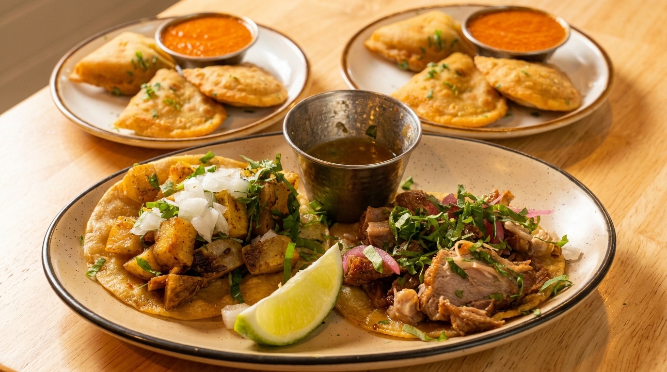 Two plates of tacos and two plates of empanadas with dipping sauces on a wooden table.