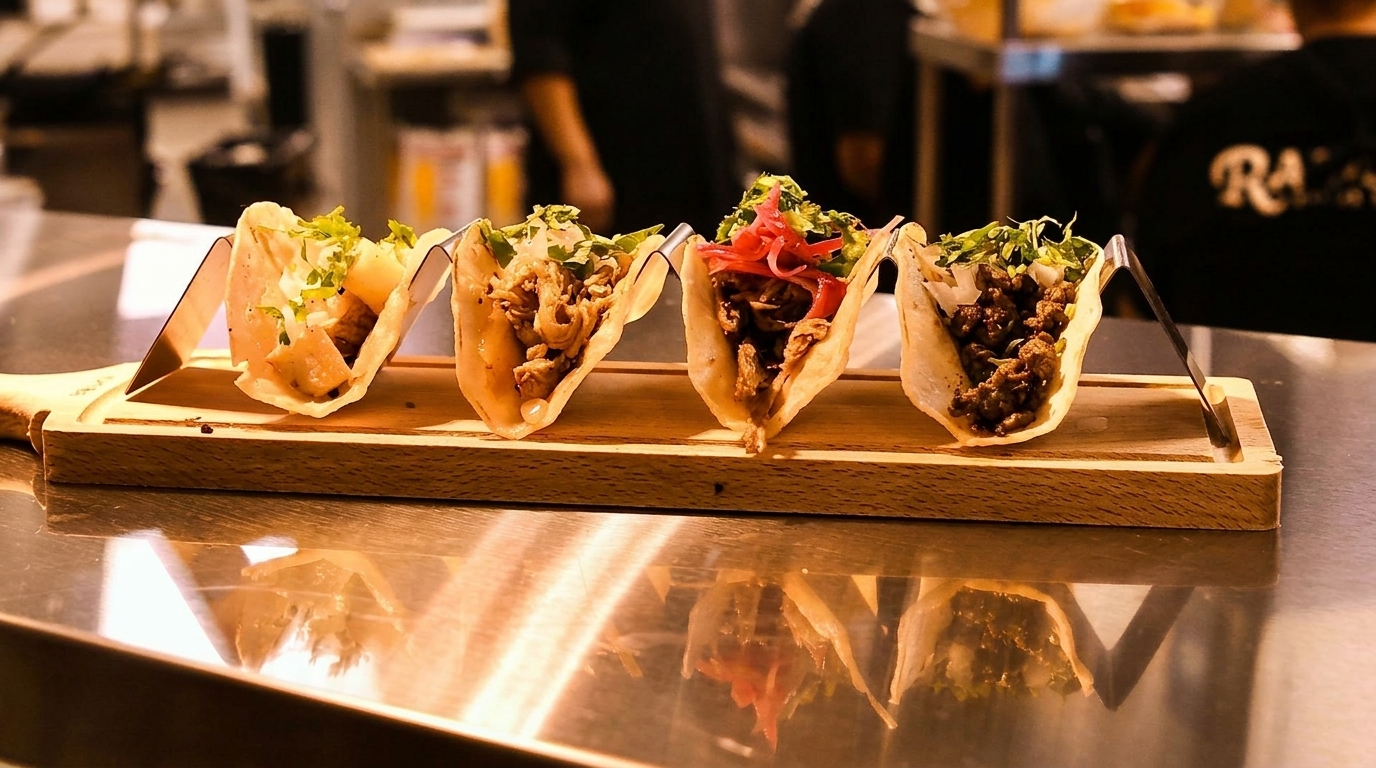 Four diverse tacos with various fillings, including meat and vegetables, arranged on a wooden serving board.