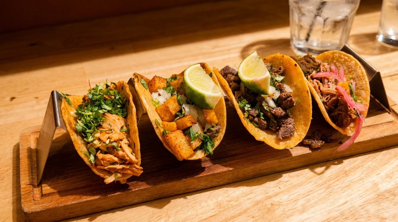 Four diverse tacos, including chicken, potato, and beef, on a wooden board with lime wedges.