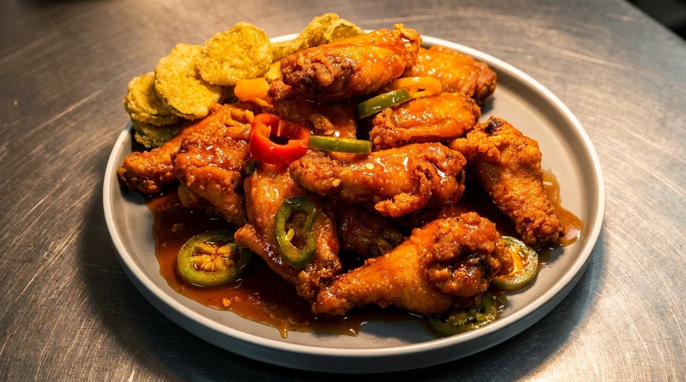 A plate of crispy fried chicken wings with sauce, jalapeños, red peppers, and fried pickles.