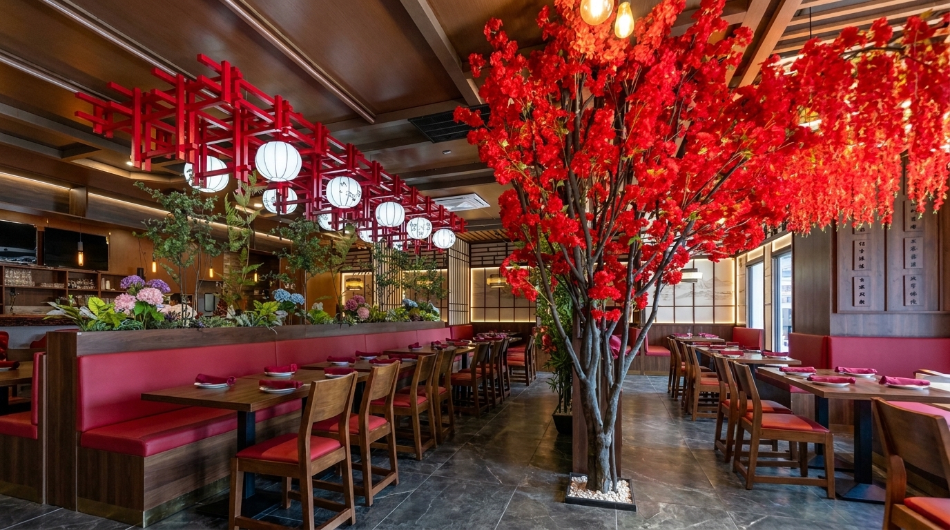 A vibrant Asian restaurant interior with red cherry blossom trees, red booths, and white lantern lighting.