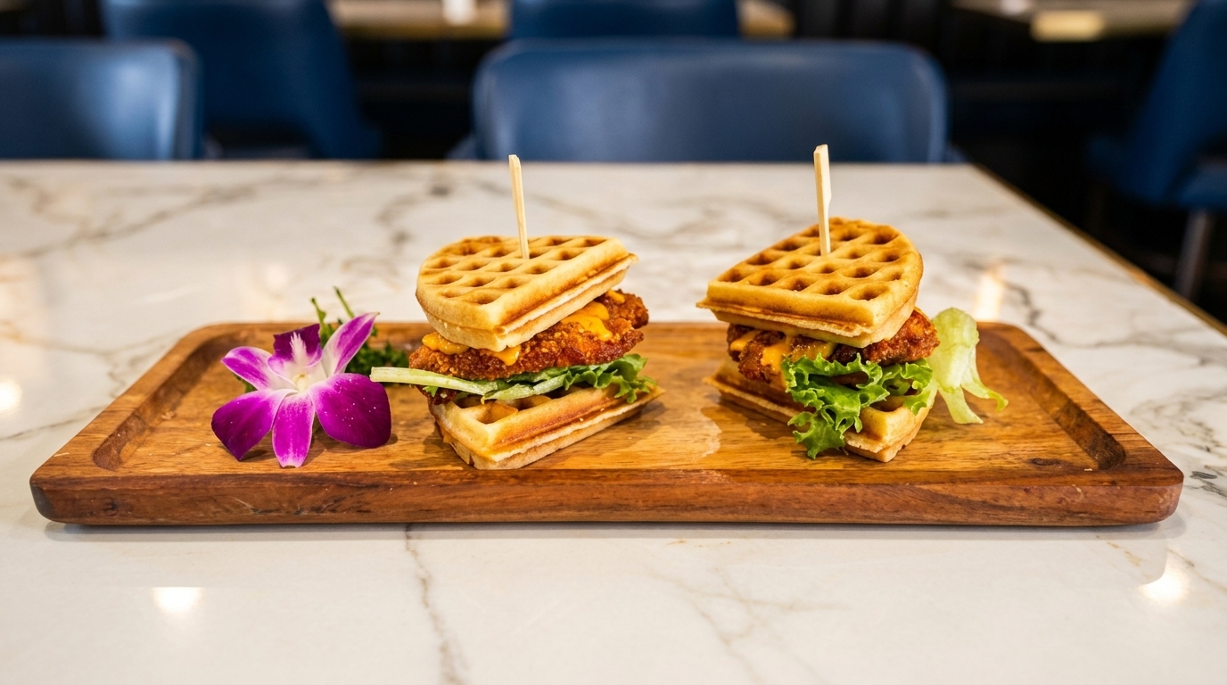 Two chicken and waffle sliders with cheese and lettuce, garnished with a purple orchid.