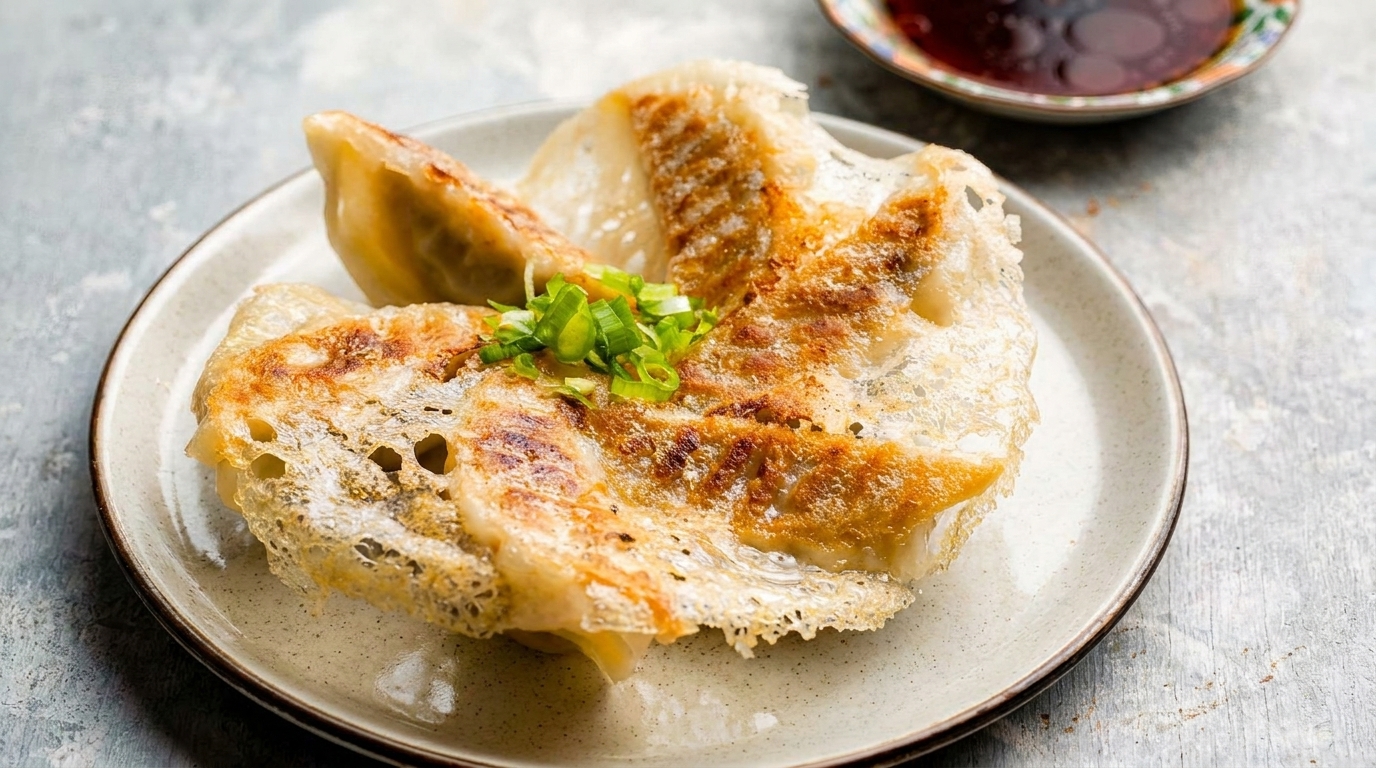 Pan-fried gyoza with crispy edges and green onion garnish on a plate with dipping sauce.
