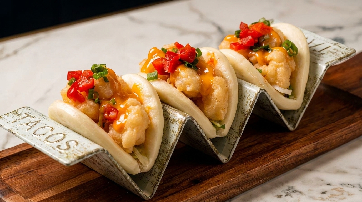 Three shrimp bao tacos with red peppers and sauce in a decorative holder on a wooden board.
