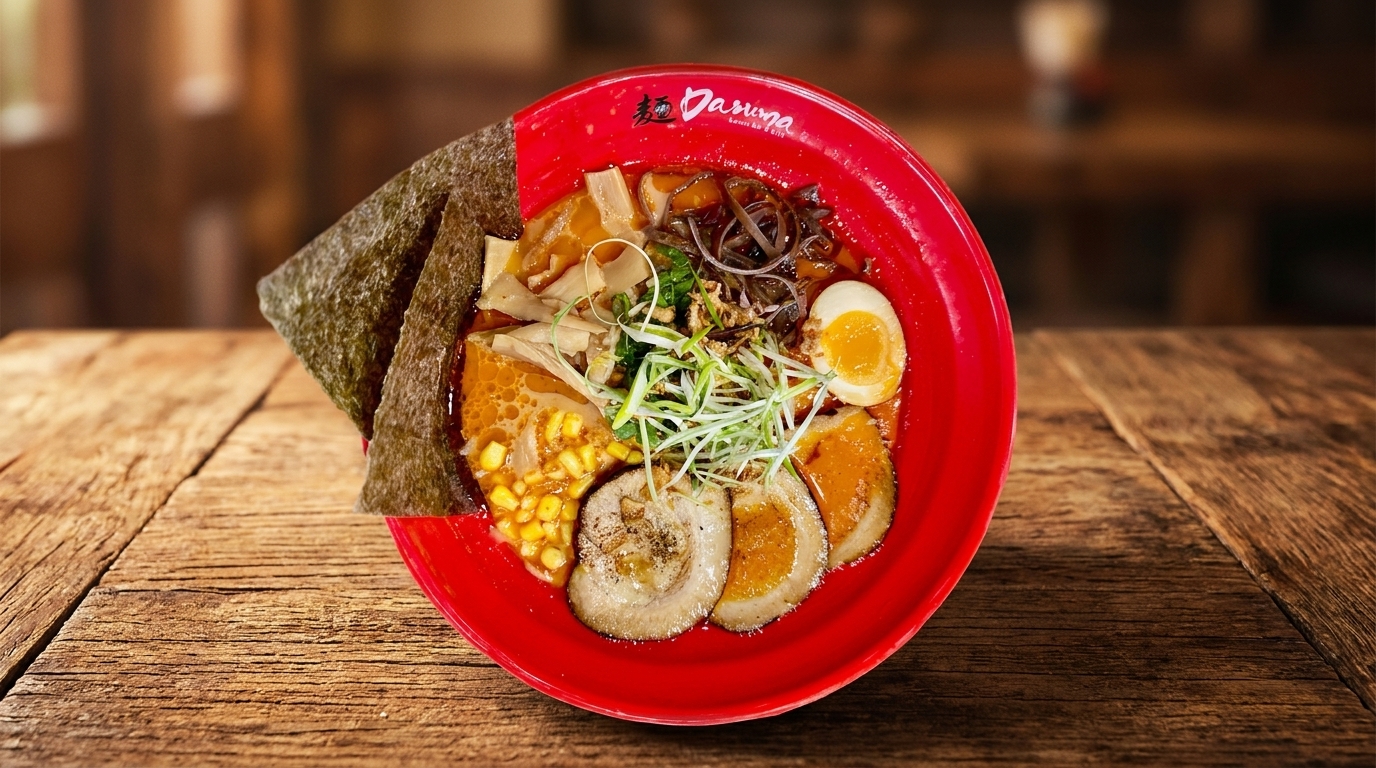 A vibrant red bowl of Daruma ramen with pork, egg, corn, and seaweed on a wooden table.