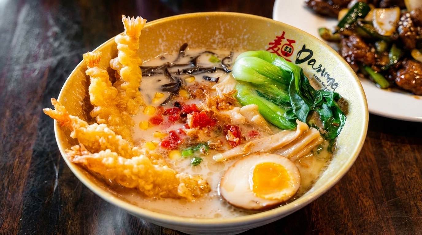 A bowl of Daruma Ramen with tempura shrimp, bok choy, corn, and a soft-boiled egg.
