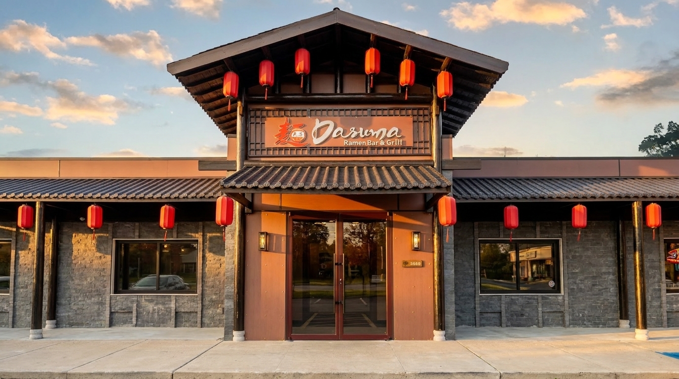 Exterior of Dasuma Ramen Bar & Grill with red lanterns, a dark roof, and stone walls.
