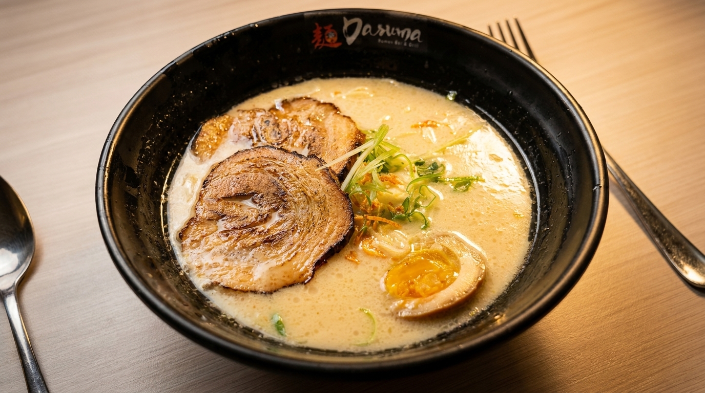 A black bowl of creamy ramen with pork, green onions, and a soft-boiled egg.