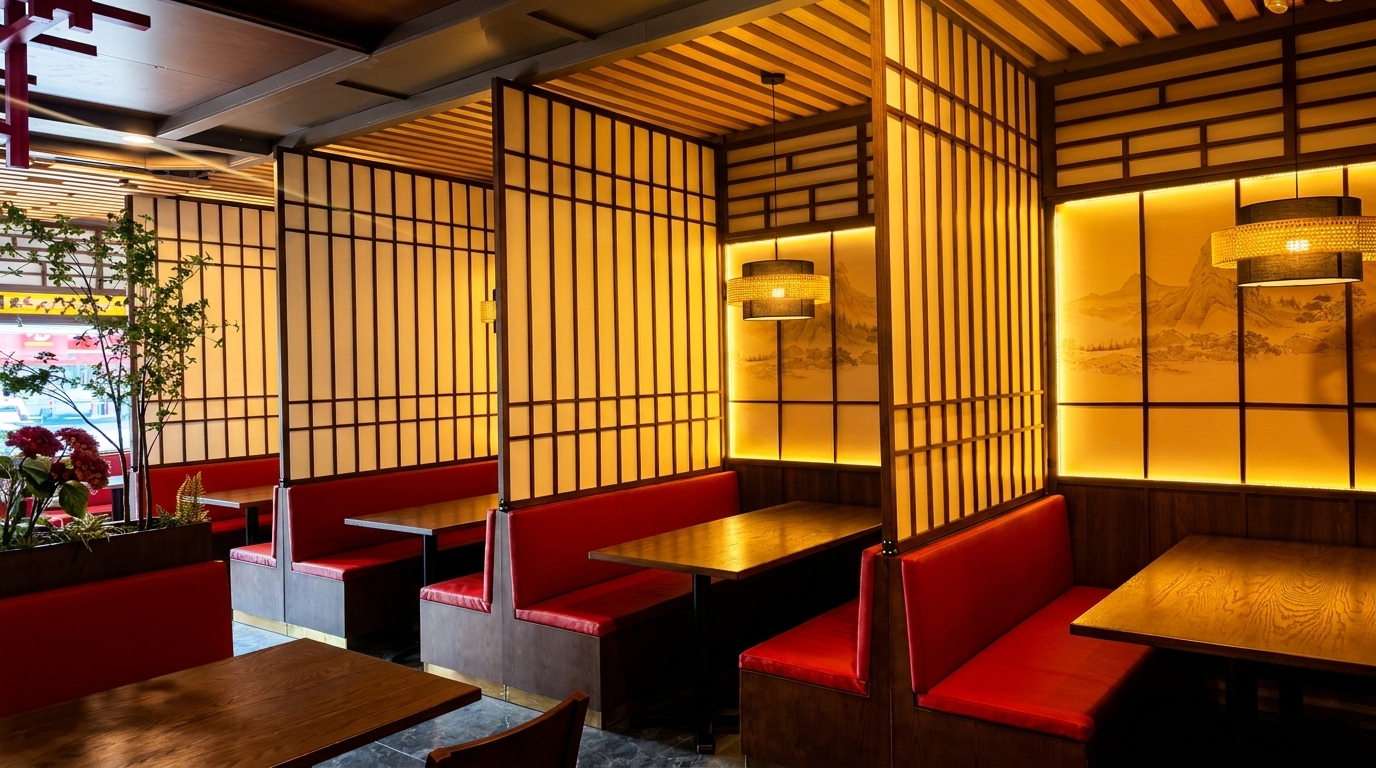 Cozy Japanese restaurant interior with red booths, wooden tables, and illuminated shoji screen partitions.