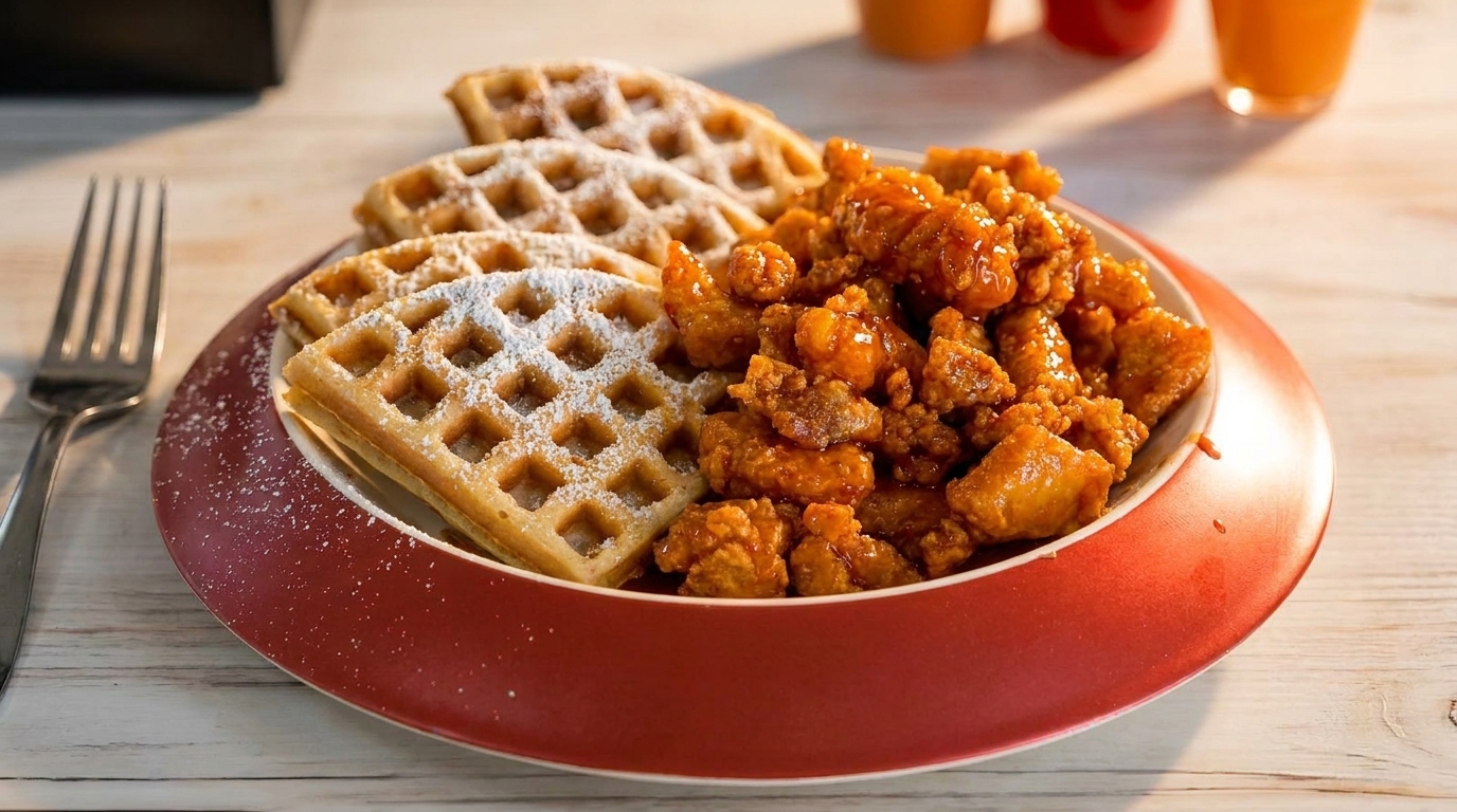 Crispy chicken and powdered sugar waffles on a red plate with a fork and drinks.