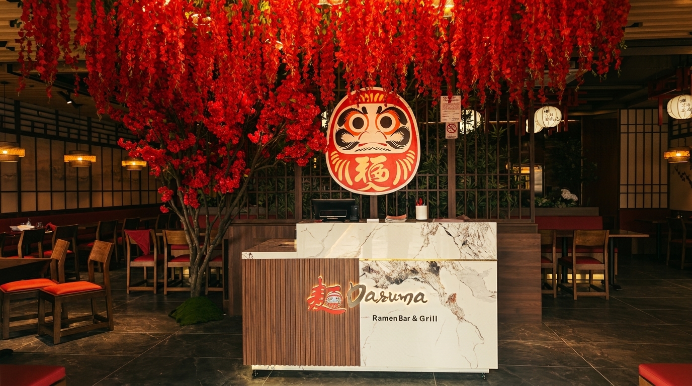 The interior of Daruma Ramen Bar & Grill, featuring a reception desk, red floral decor, and dining area.