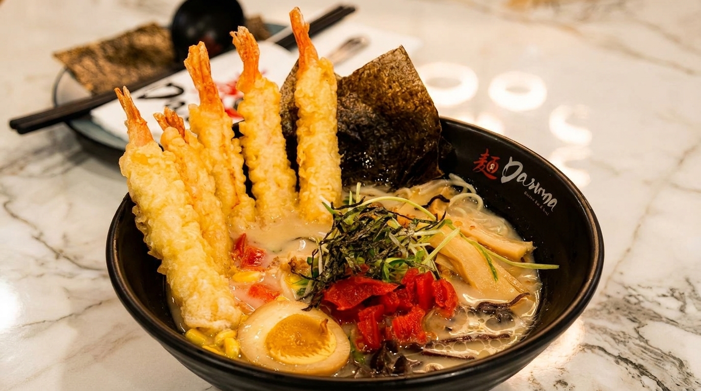 A black bowl of Daruma ramen with tempura shrimp, egg, seaweed, and vegetables on a marble table.