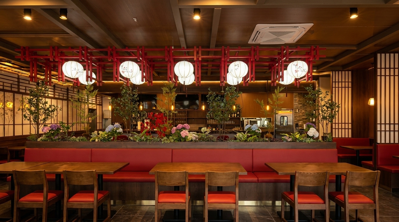 A modern Japanese restaurant interior with red booths, wooden tables, and decorative lanterns hanging above a planter.