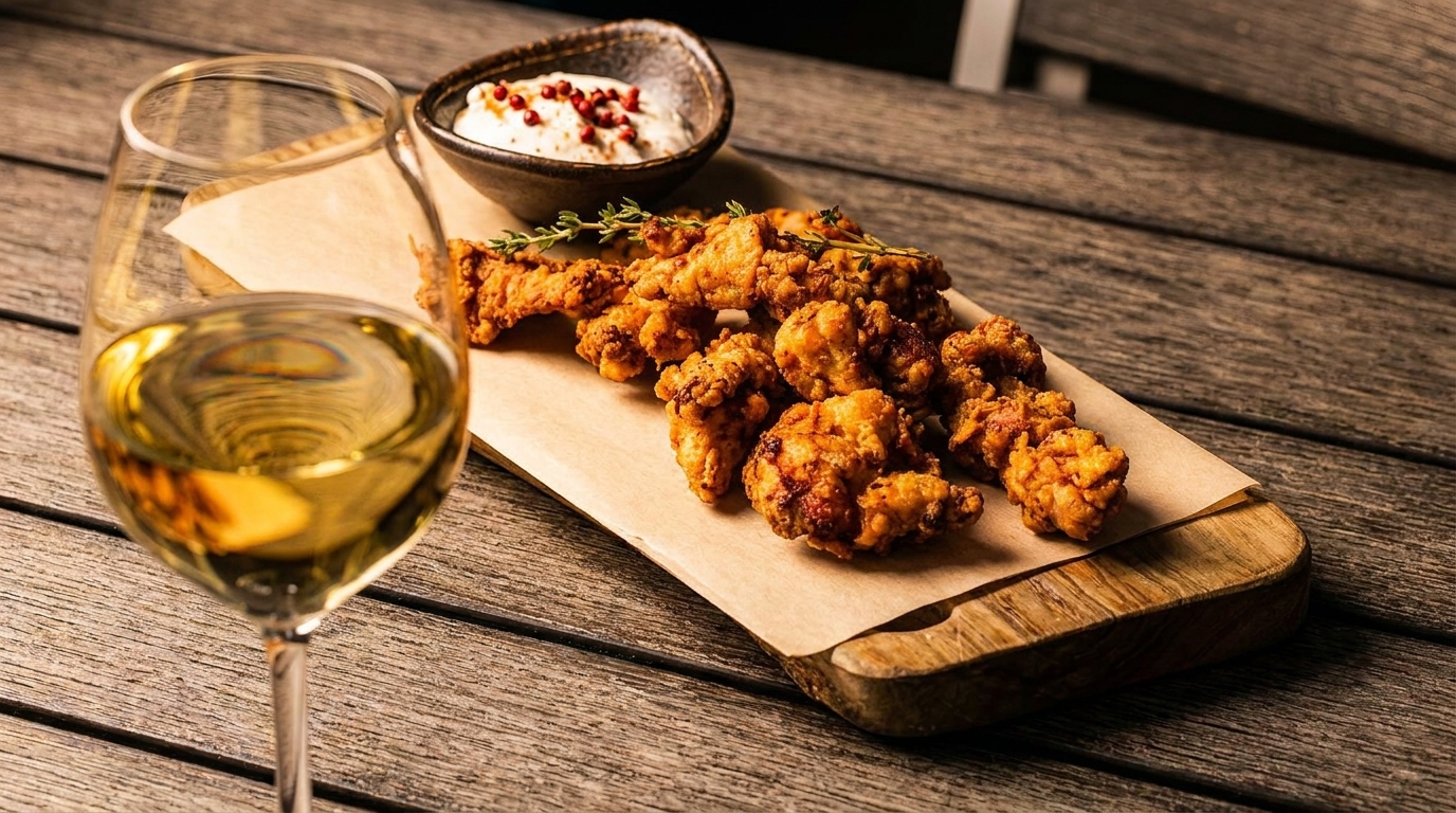 Golden fried chicken bites with a dipping sauce and a glass of white wine on a wooden table.