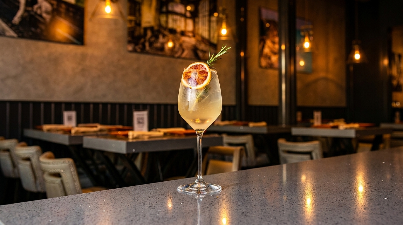 A cocktail garnished with a blood orange slice and rosemary sits on a bar in a dimly lit restaurant.