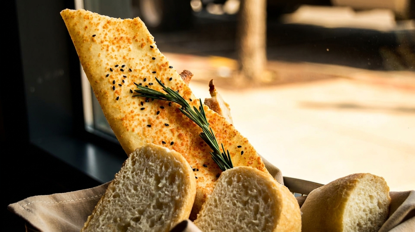 A bread basket with flatbread, sesame seeds, and rosemary, with sliced bread and a window in the background.