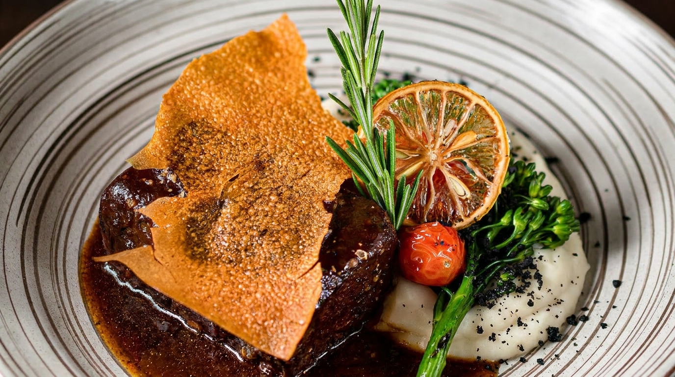 Braised short rib with crispy skin, mashed potatoes, broccolini, cherry tomato, and a dried lemon slice.