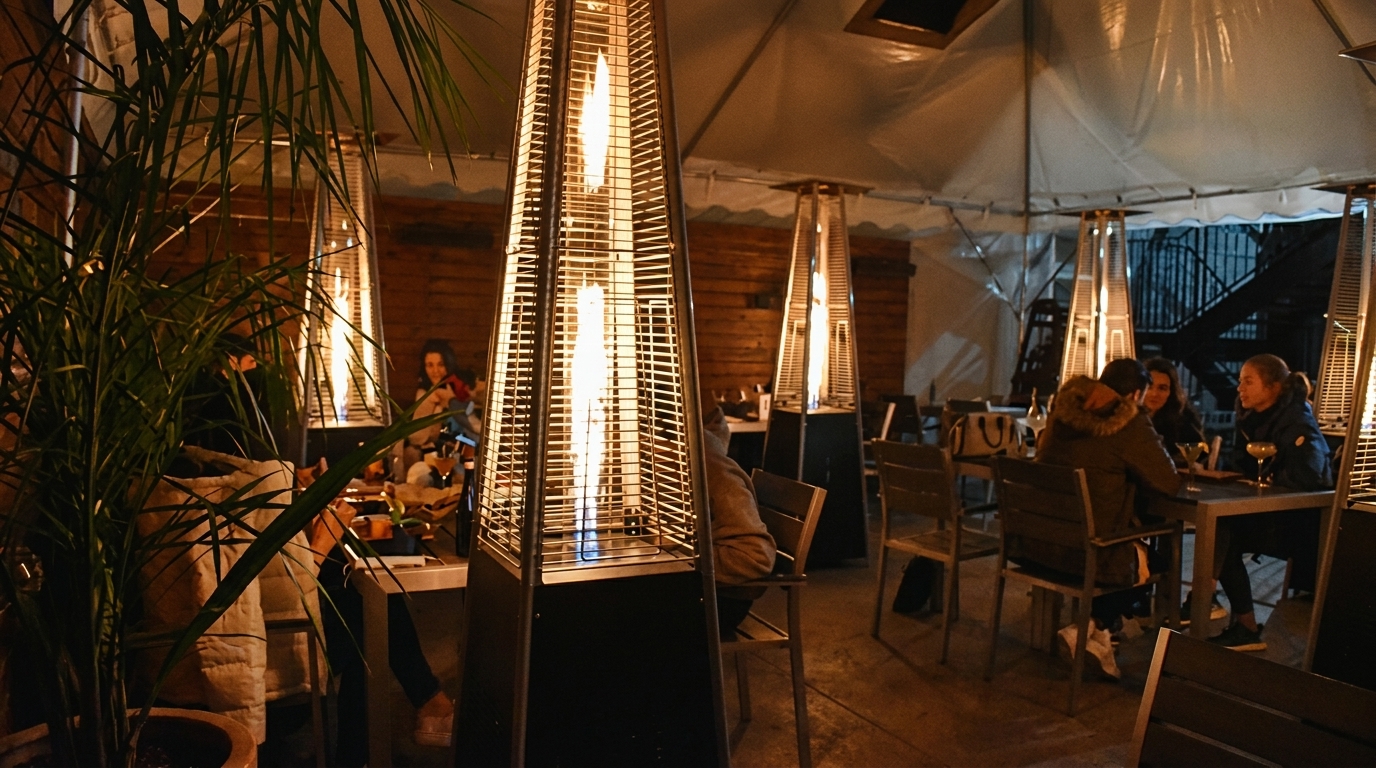 Patrons dine outdoors under a tent with multiple tall, pyramid-shaped patio heaters providing warmth.