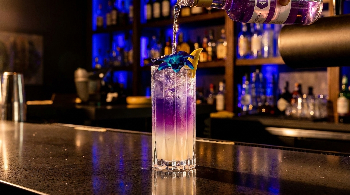 A bartender pours a purple cocktail garnished with an orchid and lemon peel at a dimly lit bar.