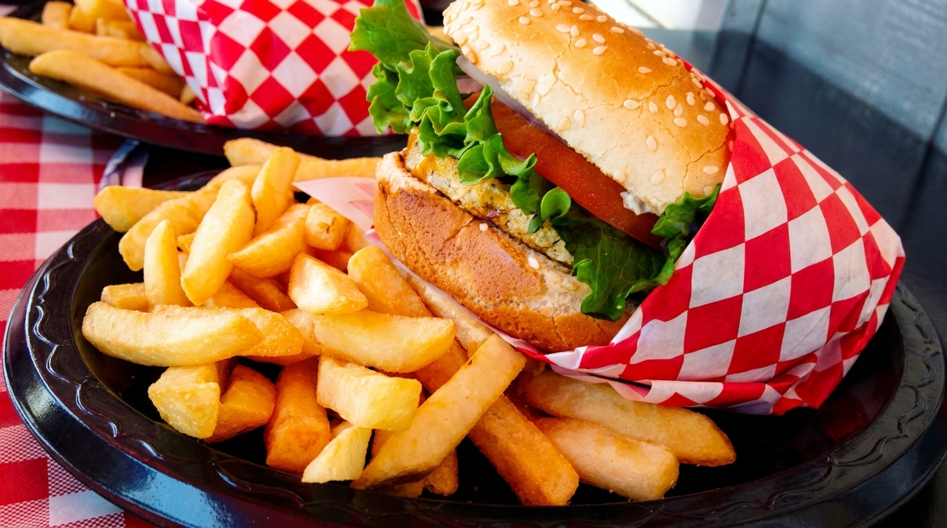 A chicken burger wrapped in red and white checkered paper, served with a side of golden french fries.
